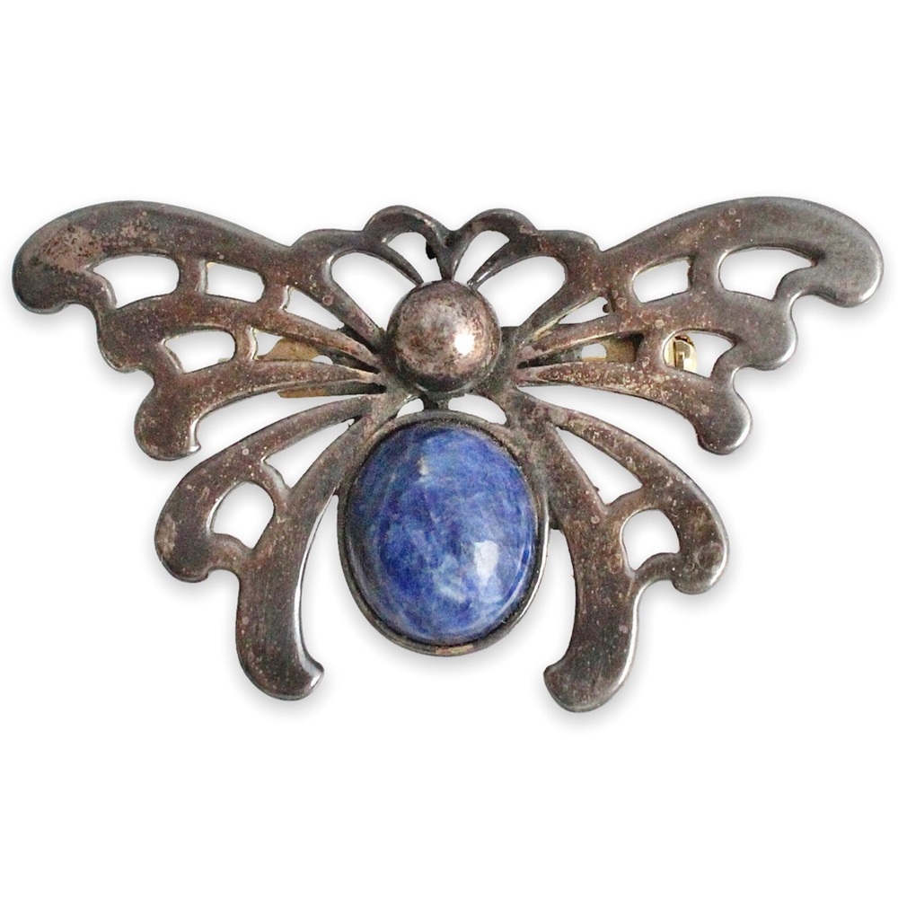 Vintage West Germany Sodalite Sterling Silver Butterfly Brooch Large Pin